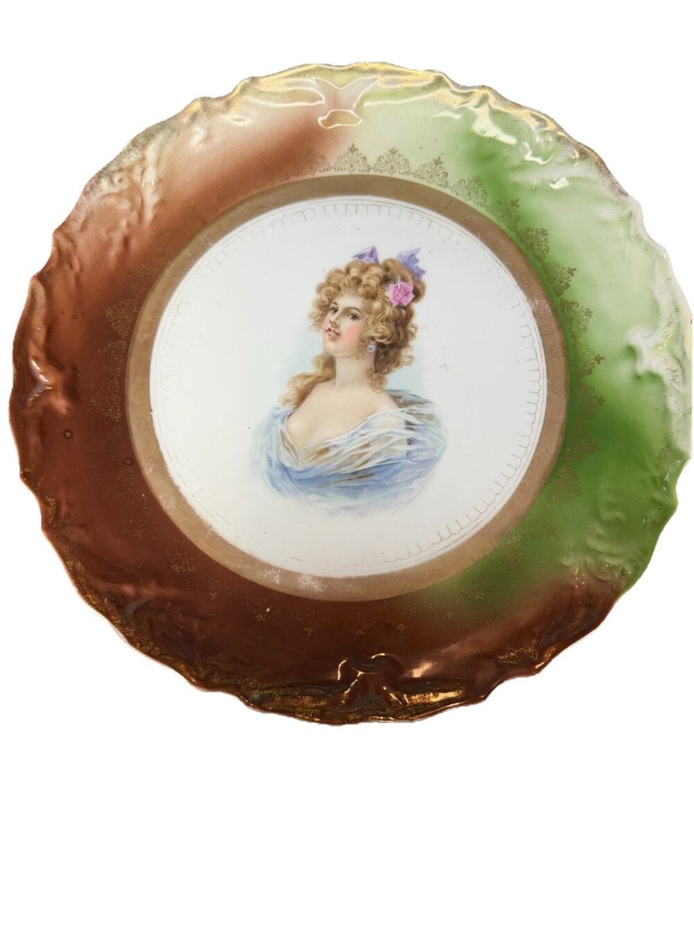 Antique Victorian Portrait Plate 12” Gold Gilt Scalloped Cabinet Plate Lady